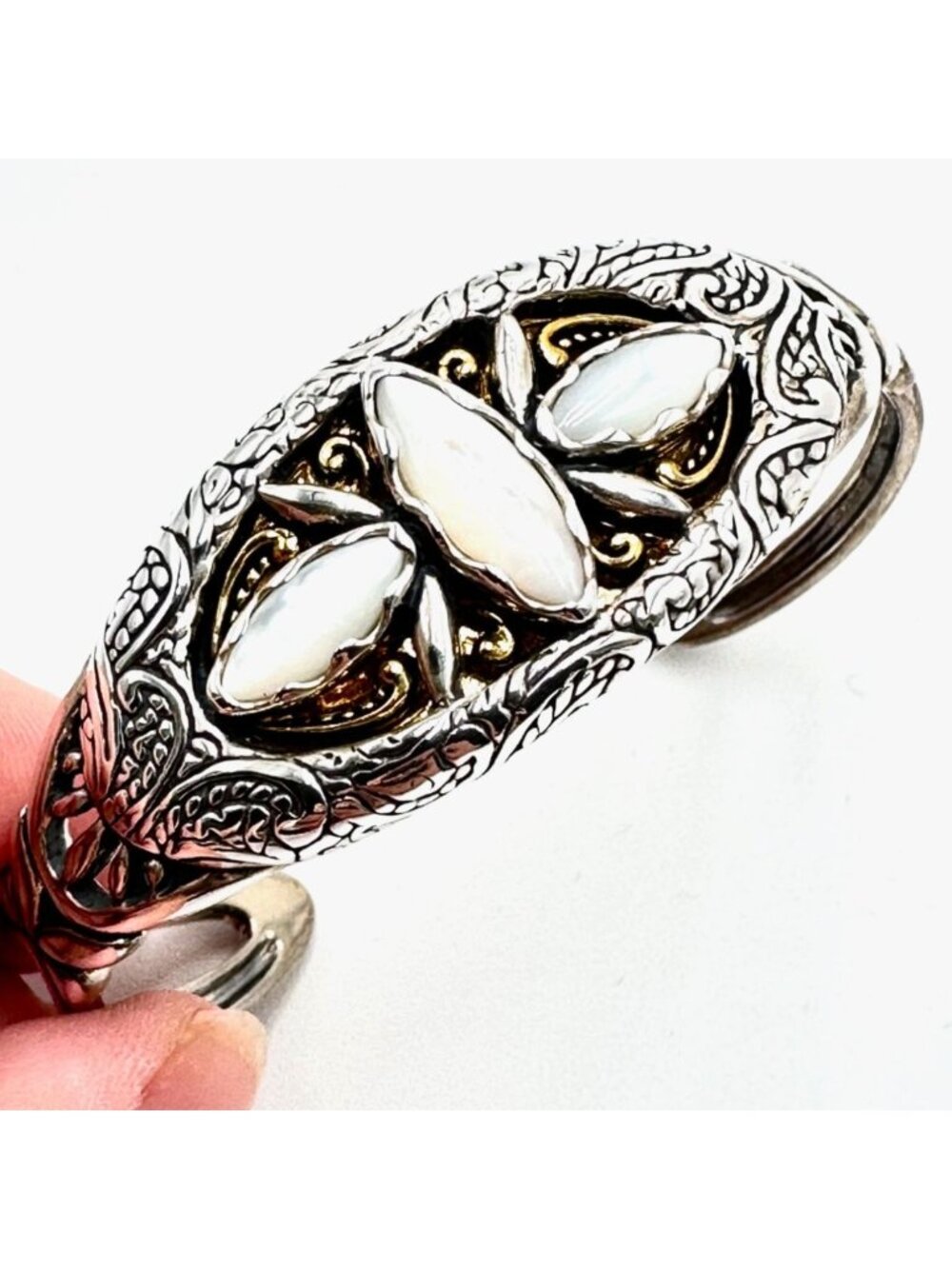 Carolyn Pollack Bracelet Sterling Silver Brass Mother of Pearl Cuff Adjustable